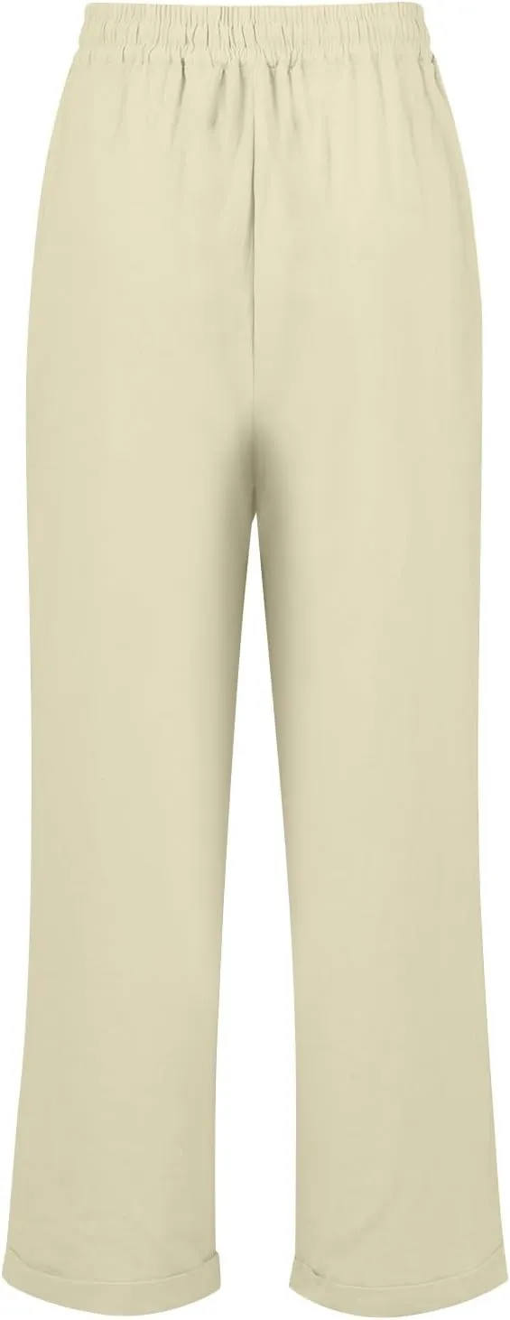 Womens Cotton Linen Cropped Pants 2025 Summer Lounge High Waisted Stretch Capris Drawstring Trousers with Pocket