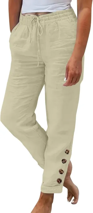 Womens Cotton Linen Cropped Pants 2025 Summer Lounge High Waisted Stretch Capris Drawstring Trousers with Pocket
