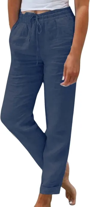 Womens Cotton Linen Pants 2025 Loose Fit Straight Leg Drawstring Summer Elastic Waist Plus Size Lounge Long Trousers