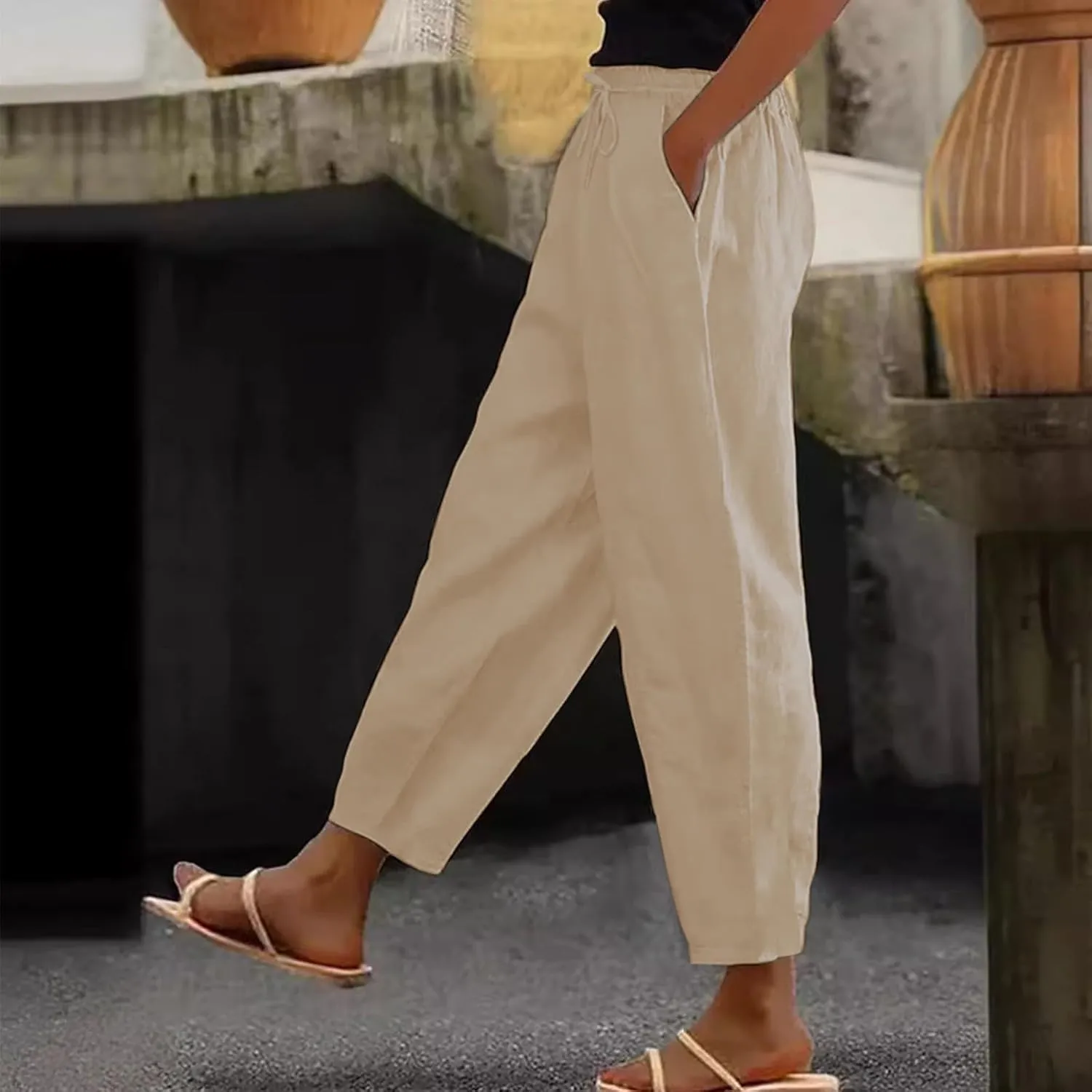 Women's Elastic Waisted Palazzo Pants Tapered Wide Leg Lounge Loose Trousers with Pocket 2025, S-5XL