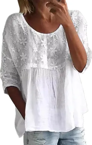 Womens Floral Embroidered Peasant Tops 3/4 Length Sleeve Casual Loose Fit Empire Waist Flowy Boho Babydoll Blouses