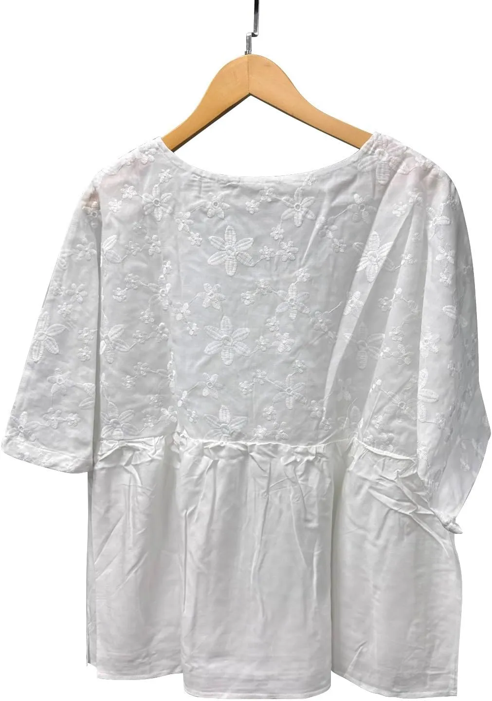 Womens Floral Embroidered Peasant Tops 3/4 Length Sleeve Casual Loose Fit Empire Waist Flowy Boho Babydoll Blouses