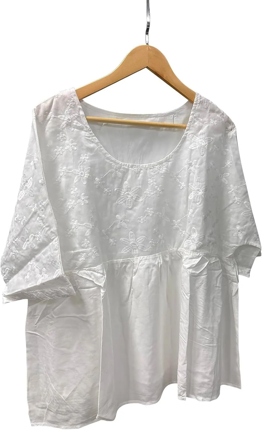 Womens Floral Embroidered Peasant Tops 3/4 Length Sleeve Casual Loose Fit Empire Waist Flowy Boho Babydoll Blouses