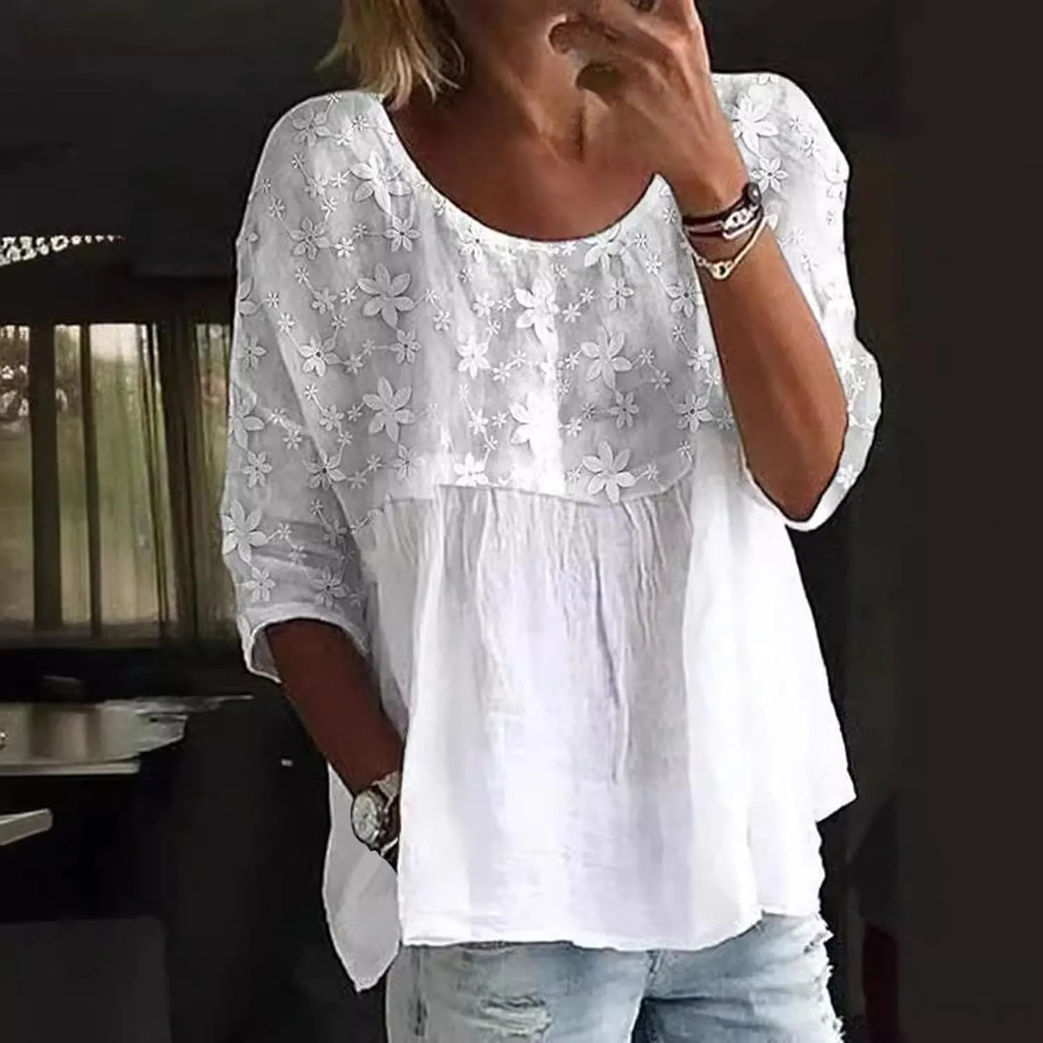 Womens Floral Embroidered Peasant Tops 3/4 Length Sleeve Casual Loose Fit Empire Waist Flowy Boho Babydoll Blouses