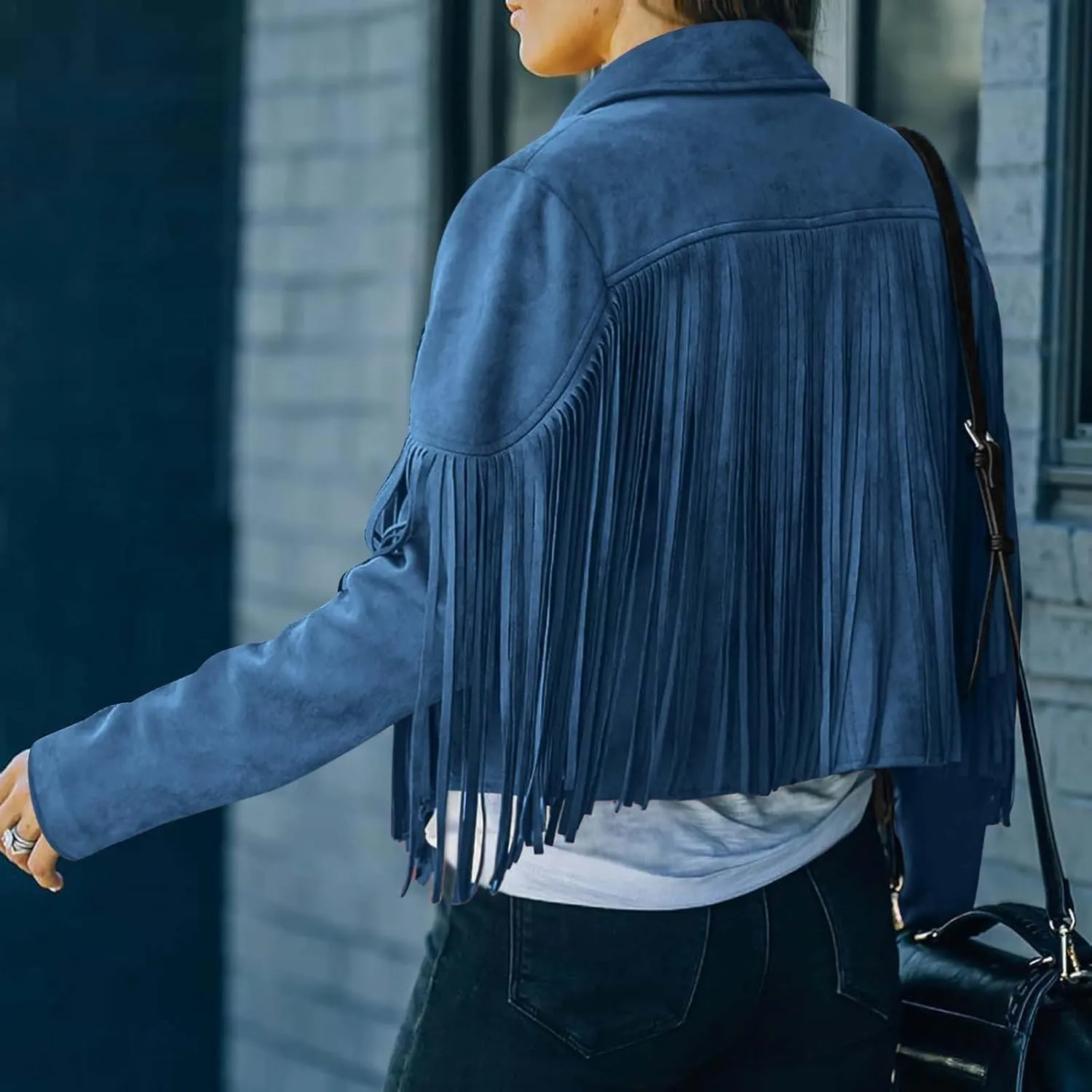 Women's Fringe Jacket Faux Suede Leather Jackets Fashion Tassel Moto Biker Cropped Coats Cardigan 70s Hippie Clothes
