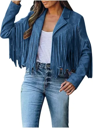 Women's Fringe Jacket Faux Suede Leather Jackets Fashion Tassel Moto Biker Cropped Coats Cardigan 70s Hippie Clothes