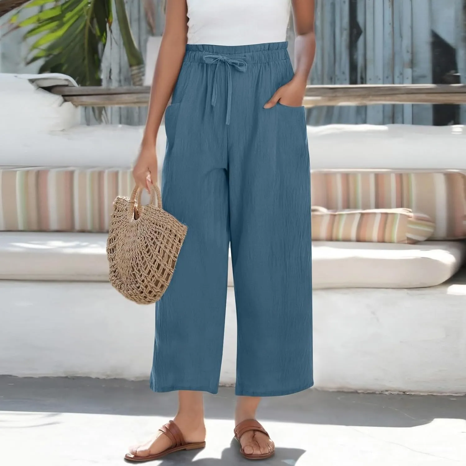 Womens Linen Pants 2025 High Waist Elastic Straight Leg Pant Casual Loose Lightweight Summer Beach Trousers