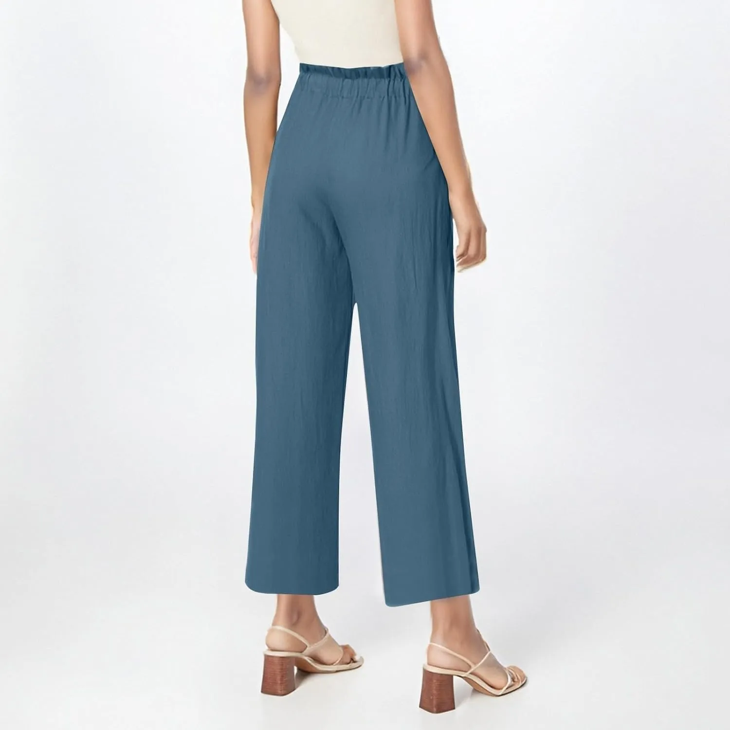 Womens Linen Pants 2025 High Waist Elastic Straight Leg Pant Casual Loose Lightweight Summer Beach Trousers