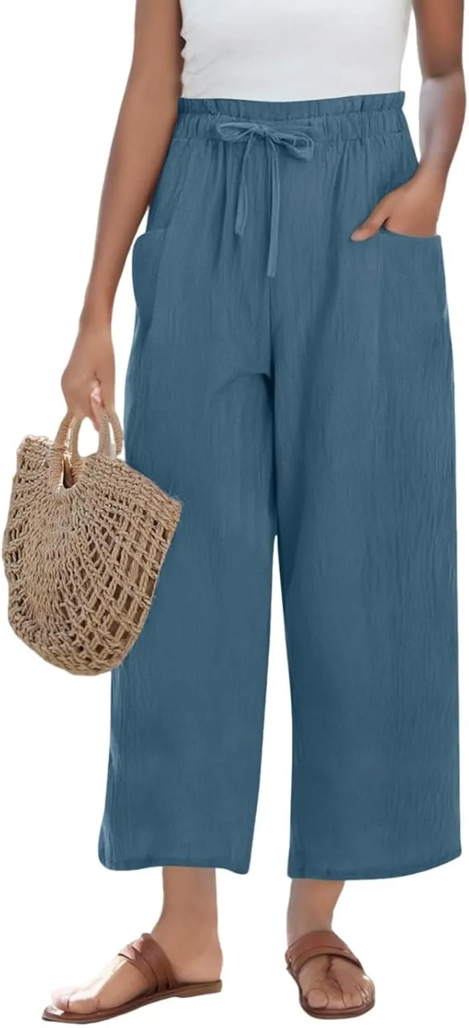 Womens Linen Pants 2025 High Waist Elastic Straight Leg Pant Casual Loose Lightweight Summer Beach Trousers