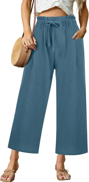 Womens Linen Pants 2025 High Waist Elastic Straight Leg Pant Casual Loose Lightweight Summer Beach Trousers