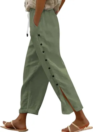 Womens Linen Work Pants 2025 High Waist Straight Leg Lounge Side-Button Pant Casual Lightweight Beach Trousers
