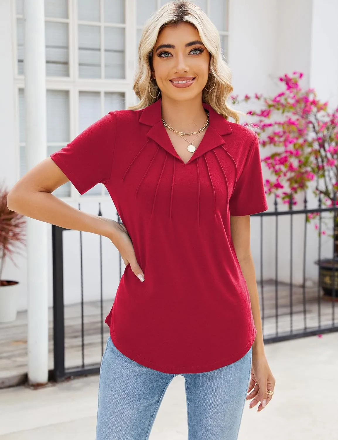Women's Polo Shirts Short Sleeve V Neck Summer Business Casual Pleated Blouses Collared Tops