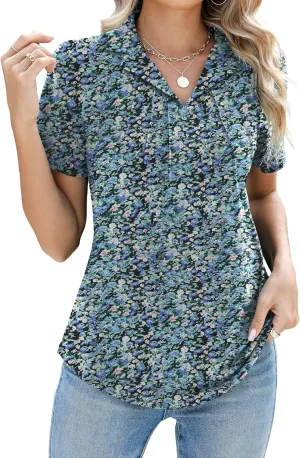 Women's Polo Shirts Short Sleeve V Neck Summer Business Casual Pleated Blouses Collared Tops