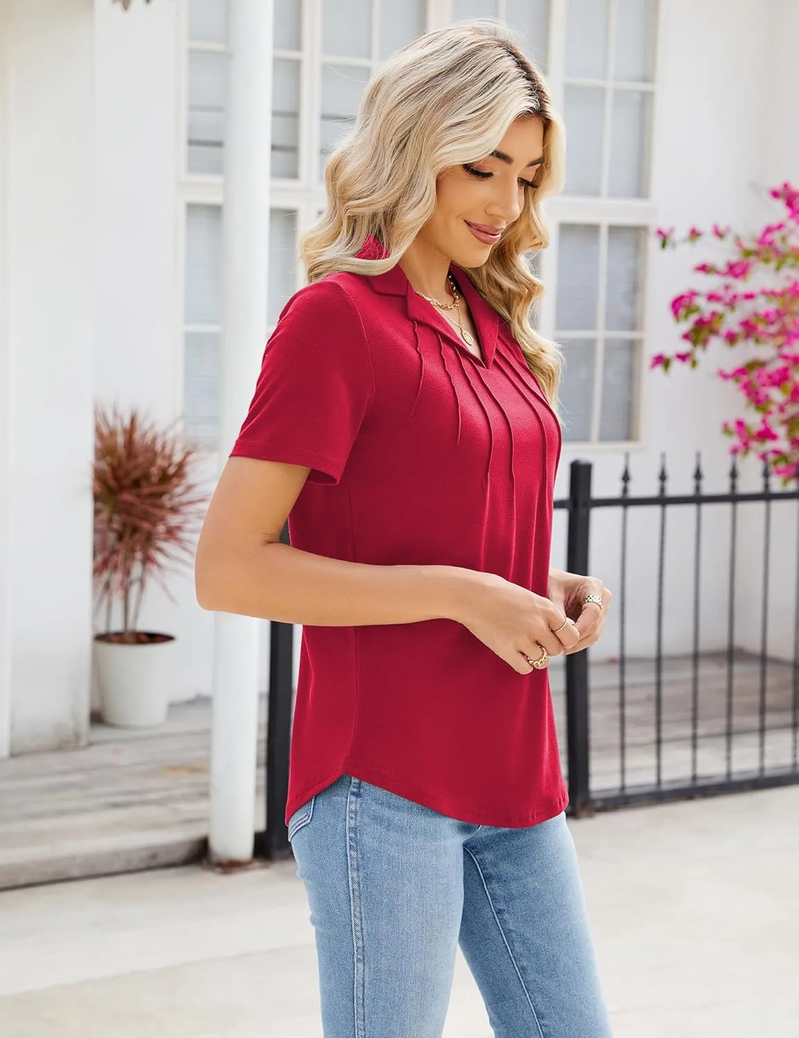 Women's Polo Shirts Short Sleeve V Neck Summer Business Casual Pleated Blouses Collared Tops