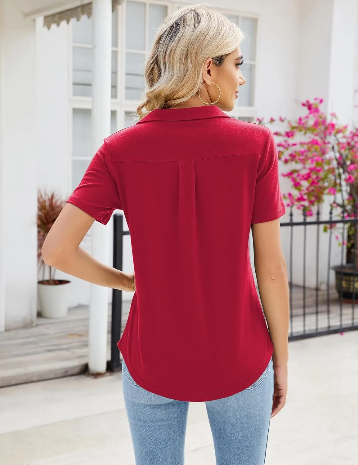 Women's Polo Shirts Short Sleeve V Neck Summer Business Casual Pleated Blouses Collared Tops