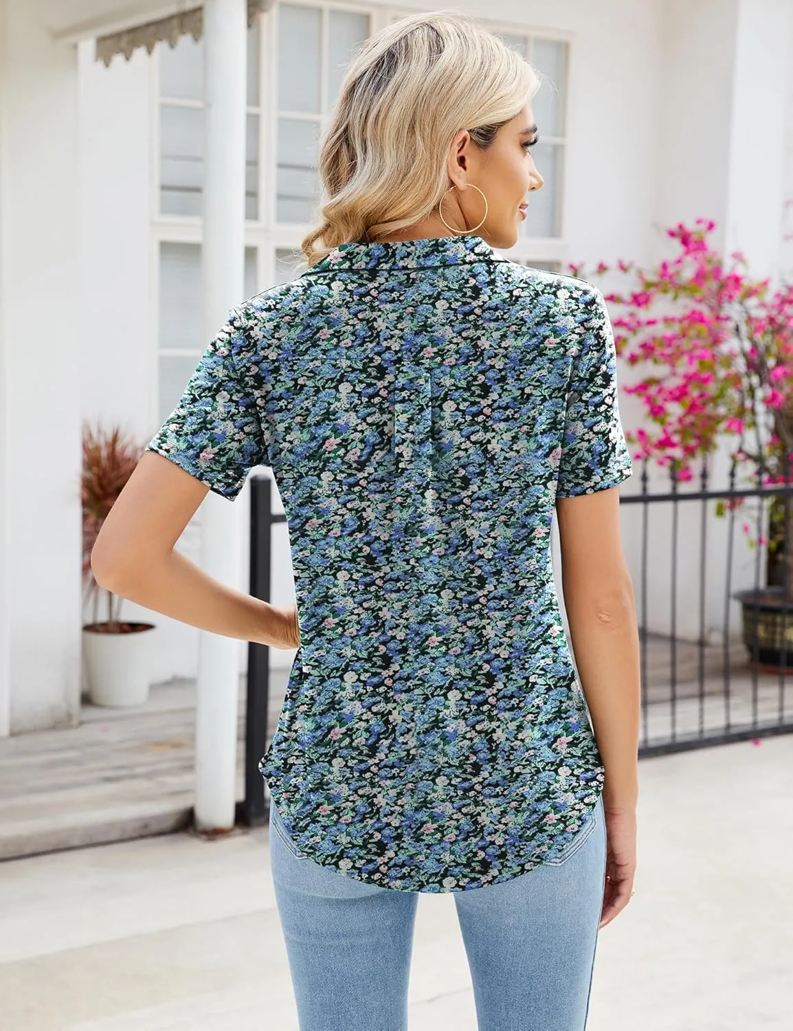 Women's Polo Shirts Short Sleeve V Neck Summer Business Casual Pleated Blouses Collared Tops
