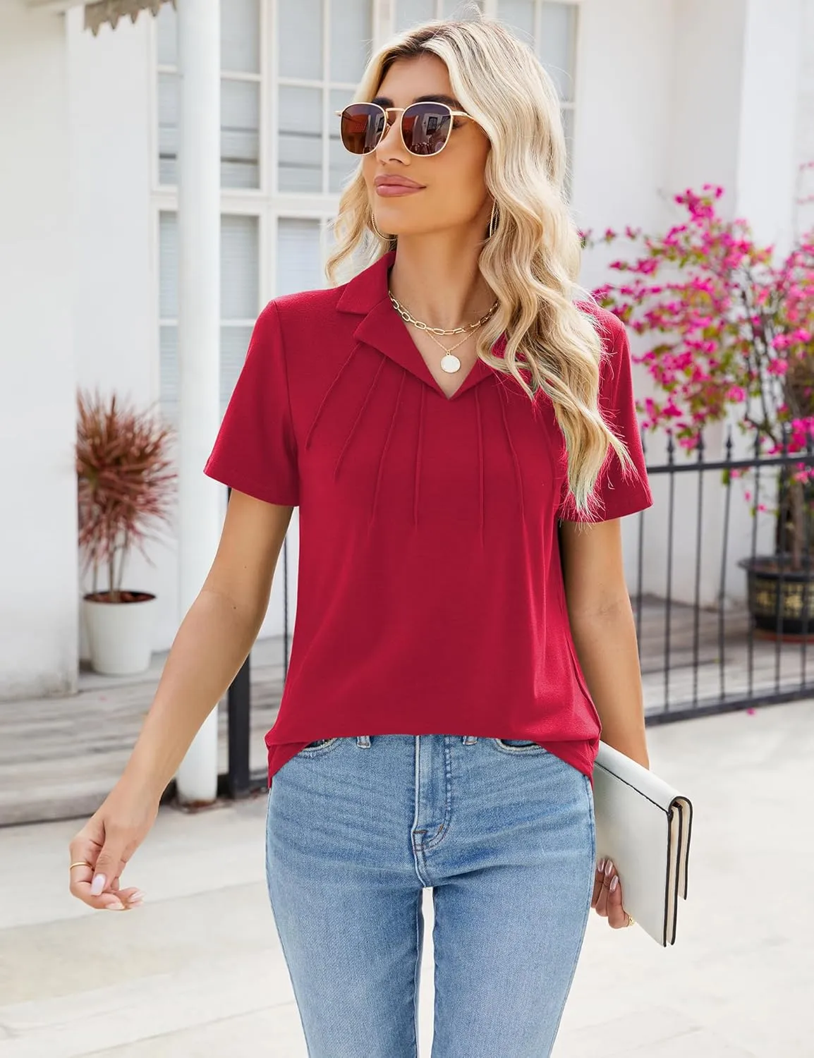 Women's Polo Shirts Short Sleeve V Neck Summer Business Casual Pleated Blouses Collared Tops