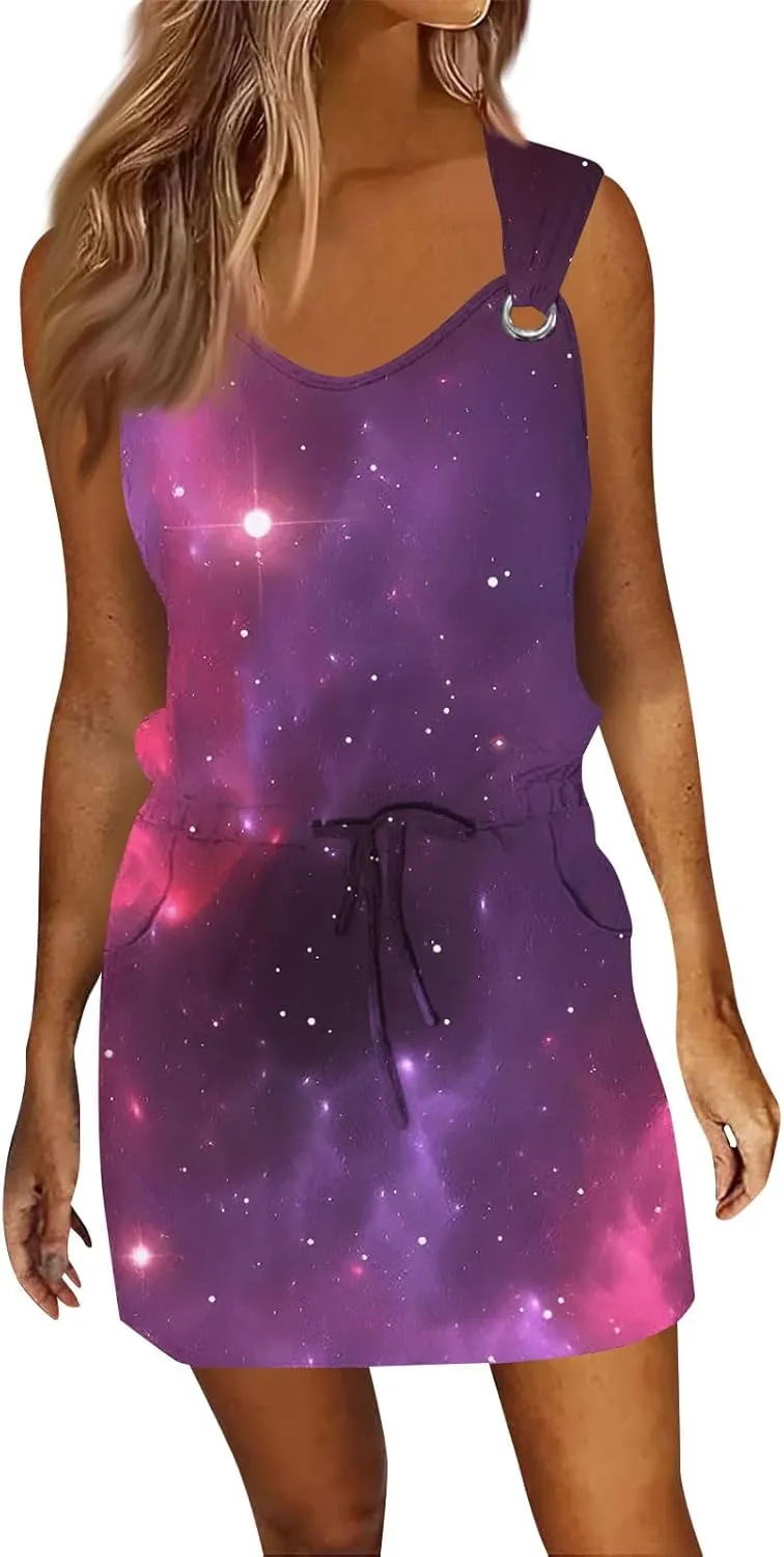 Women's Print Sleeveless Summer Dress with Adjustable Waist Tie Casual Loose Fit for Beach or Party Wear