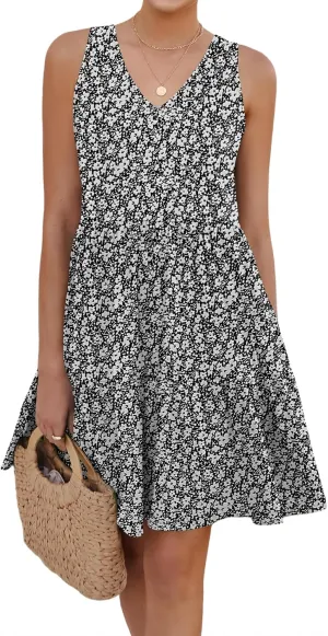 Womens Summer Dresses V Neck Tank Tiered Flowy Mini A Line Casual Sundress with Pockets