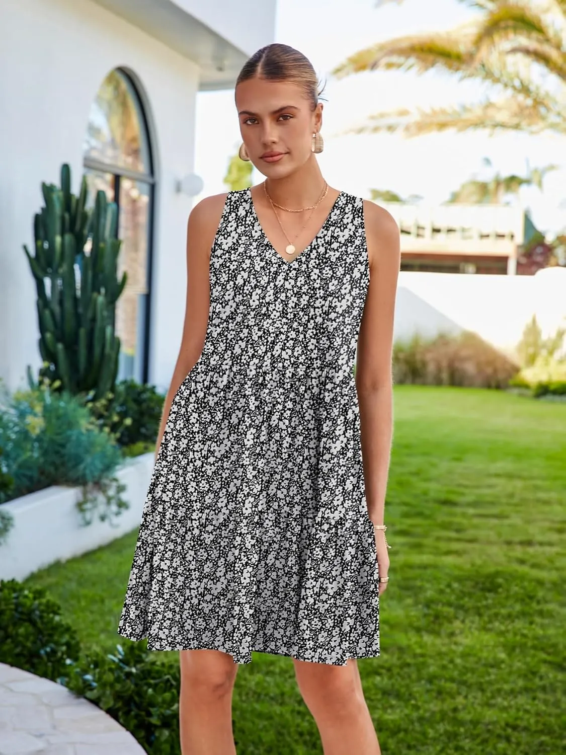 Womens Summer Dresses V Neck Tank Tiered Flowy Mini A Line Casual Sundress with Pockets