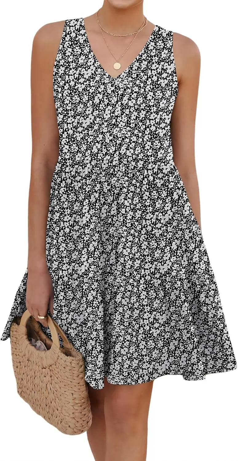Womens Summer Dresses V Neck Tank Tiered Flowy Mini A Line Casual Sundress with Pockets