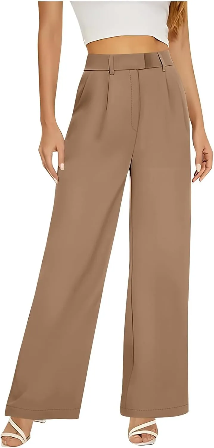 Women's Wide Leg Dress Pants 2025 Summer High Waisted Elastic Back Business Office Work Casual Palazzo Trousers with Pockets
