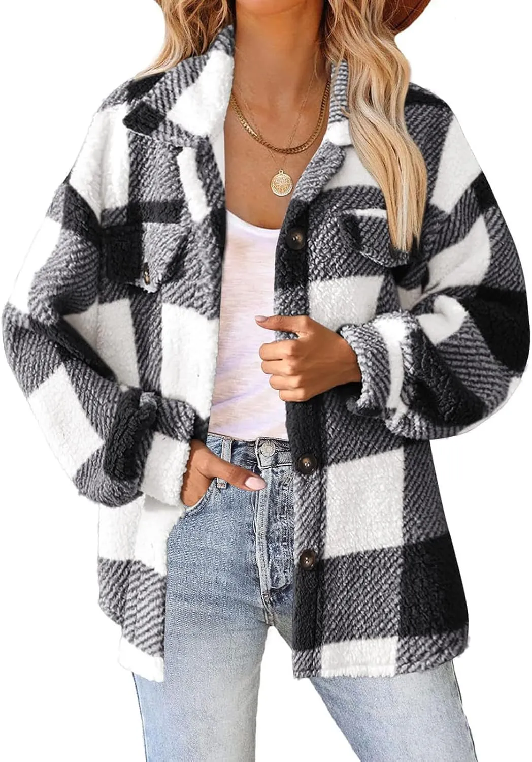 Womens Winter Coats Casual Fuzzy Fleece Shirt Open Front Fall Sherpa Jackets Warm Plaid Cardigans Trendy Outerwear