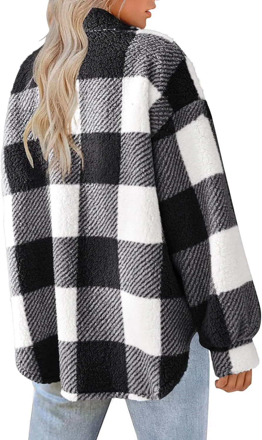 Womens Winter Coats Casual Fuzzy Fleece Shirt Open Front Fall Sherpa Jackets Warm Plaid Cardigans Trendy Outerwear