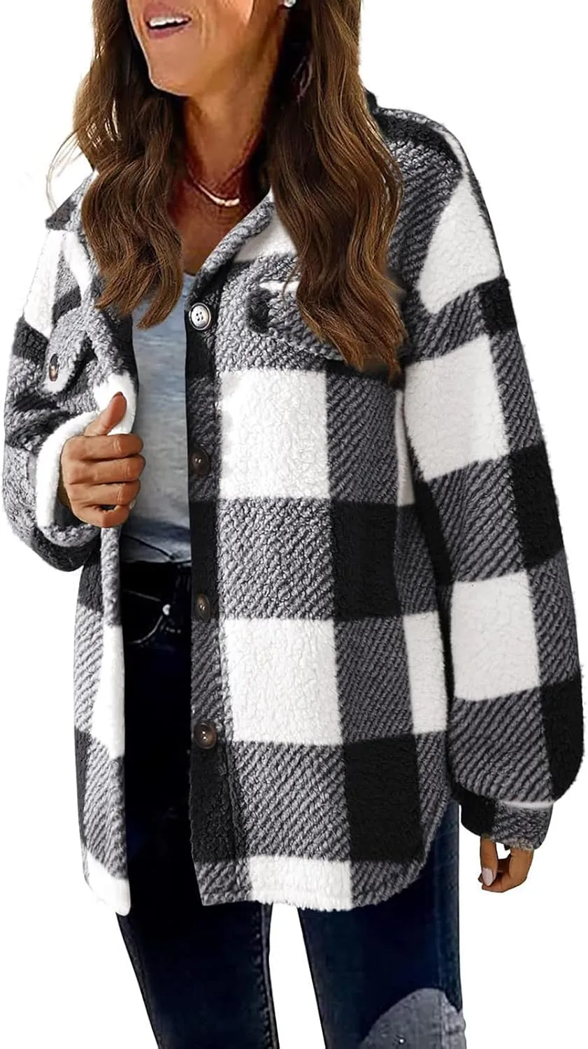 Womens Winter Coats Casual Fuzzy Fleece Shirt Open Front Fall Sherpa Jackets Warm Plaid Cardigans Trendy Outerwear