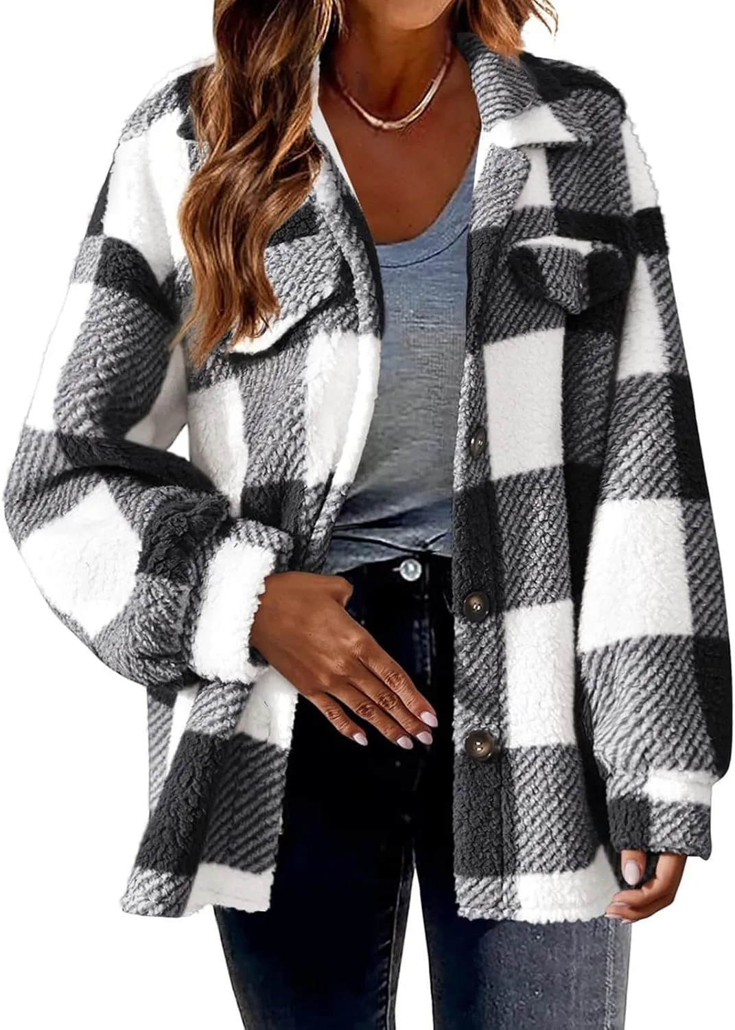 Womens Winter Coats Casual Fuzzy Fleece Shirt Open Front Fall Sherpa Jackets Warm Plaid Cardigans Trendy Outerwear