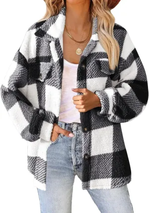 Womens Winter Coats Casual Fuzzy Fleece Shirt Open Front Fall Sherpa Jackets Warm Plaid Cardigans Trendy Outerwear