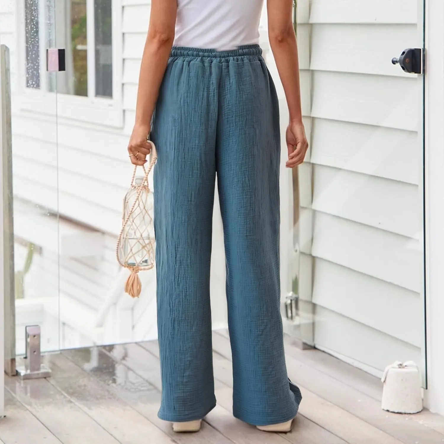 Yesunpxs Linen Pants for Women2025 Summer Casual Soild Wide Leg High Waisted Pants Loose Drawstring Beach Vacation Trousers