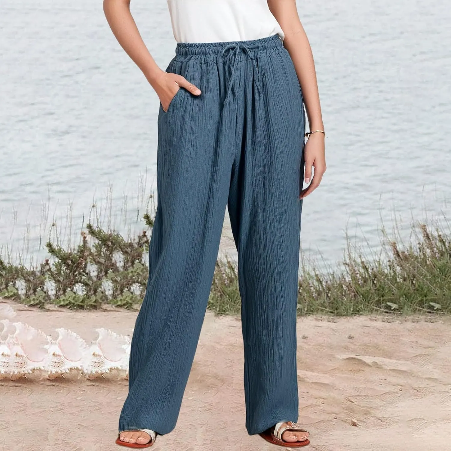 Yesunpxs Linen Pants for Women2025 Summer Casual Soild Wide Leg High Waisted Pants Loose Drawstring Beach Vacation Trousers