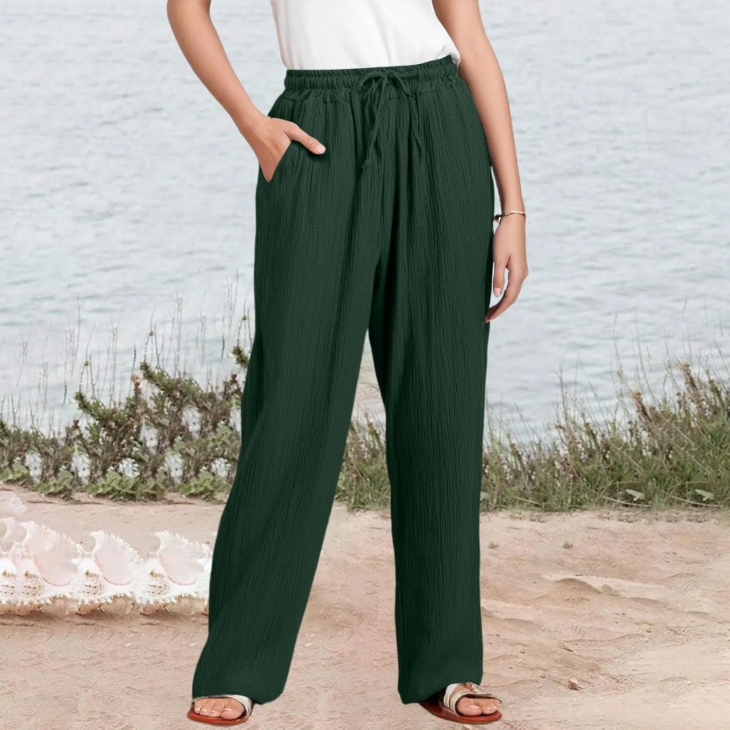 Yesunpxs Linen Pants for Women2025 Summer Casual Soild Wide Leg High Waisted Pants Loose Drawstring Beach Vacation Trousers