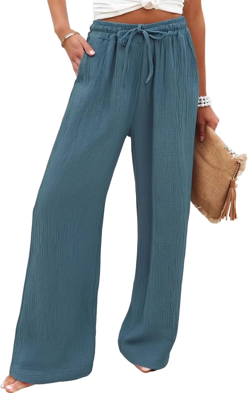Yesunpxs Linen Pants for Women2025 Summer Casual Soild Wide Leg High Waisted Pants Loose Drawstring Beach Vacation Trousers
