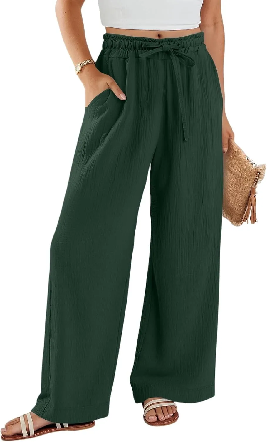 Yesunpxs Linen Pants for Women2025 Summer Casual Soild Wide Leg High Waisted Pants Loose Drawstring Beach Vacation Trousers