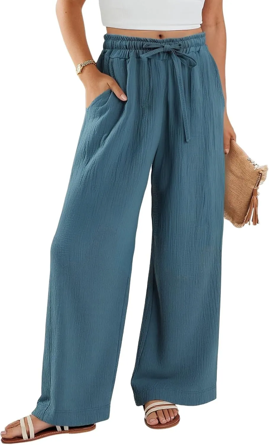 Yesunpxs Linen Pants for Women2025 Summer Casual Soild Wide Leg High Waisted Pants Loose Drawstring Beach Vacation Trousers