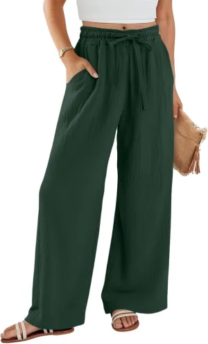 Yesunpxs Linen Pants for Women2025 Summer Casual Soild Wide Leg High Waisted Pants Loose Drawstring Beach Vacation Trousers