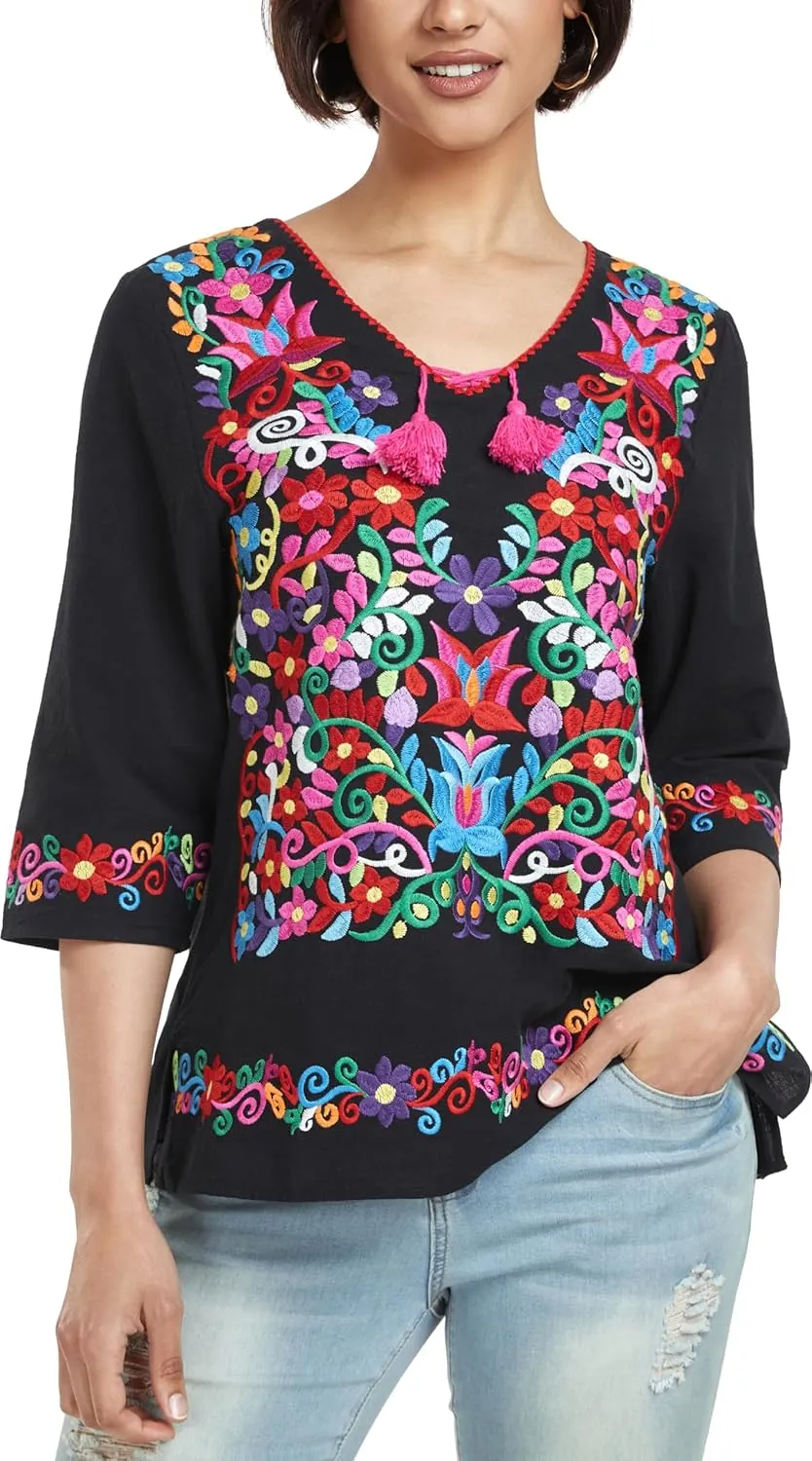 YZXDORWJ Women's Summer Embroidered Mexican Shirts Short Sleeve Casual Tops Blouse