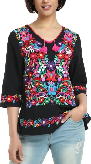 YZXDORWJ Women's Summer Embroidered Mexican Shirts Short Sleeve Casual Tops Blouse