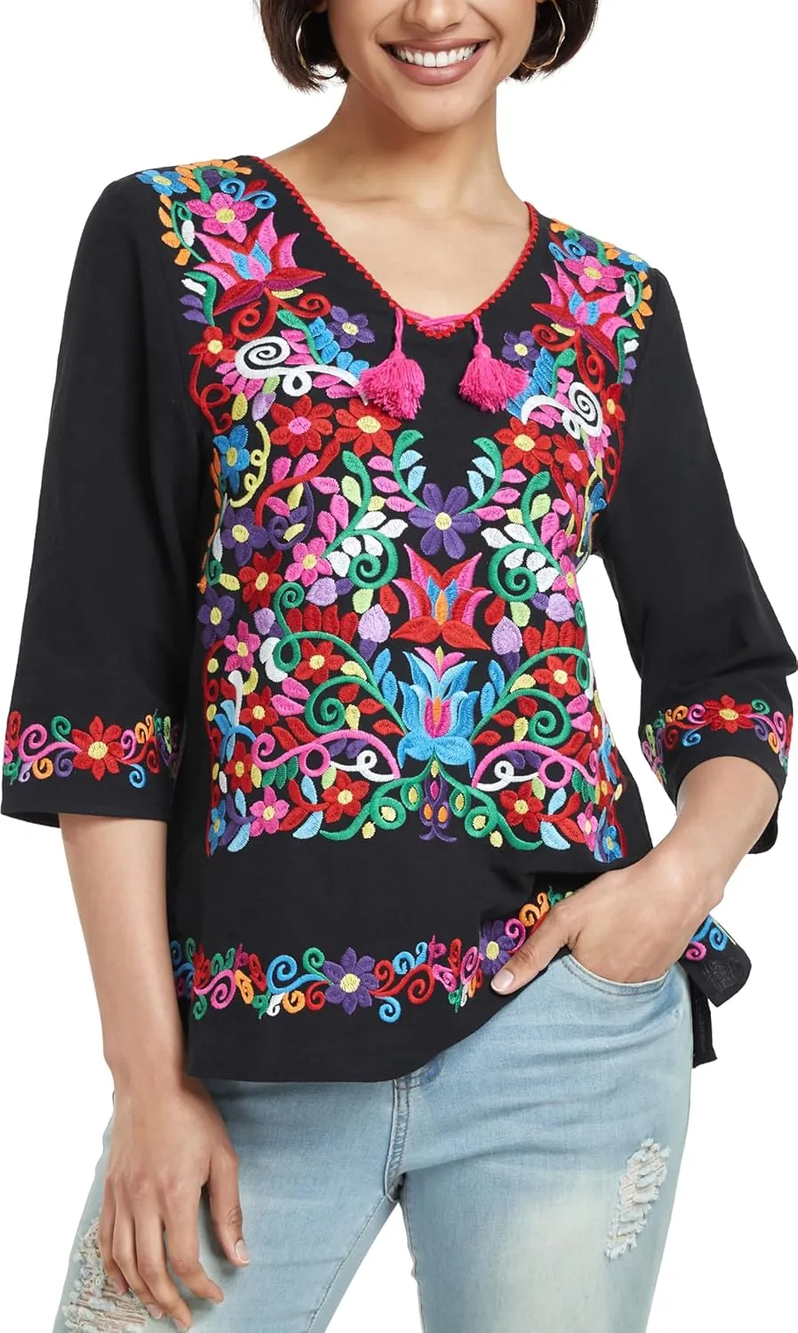 YZXDORWJ Women's Summer Embroidered Mexican Shirts Short Sleeve Casual Tops Blouse