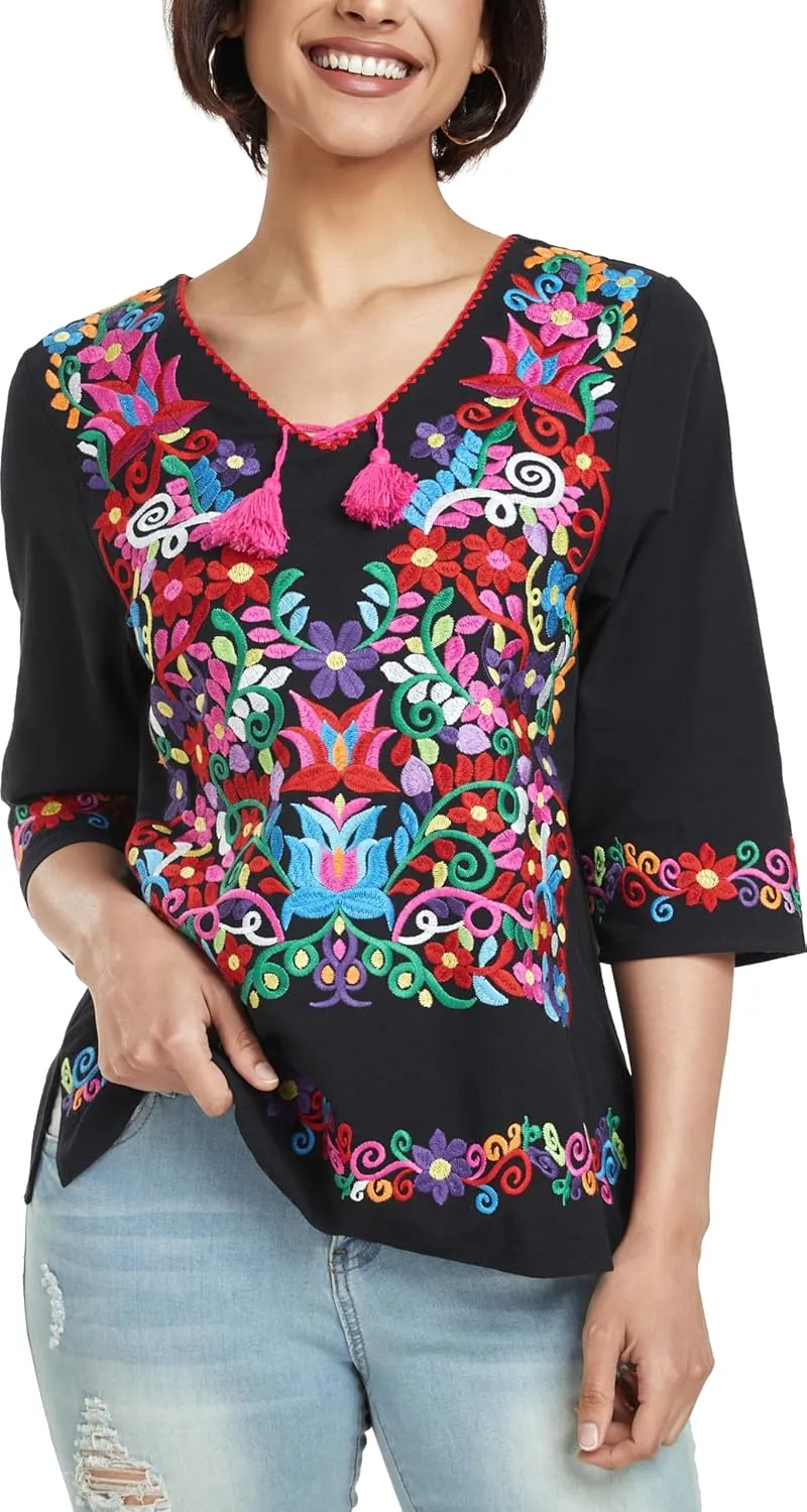 YZXDORWJ Women's Summer Embroidered Mexican Shirts Short Sleeve Casual Tops Blouse