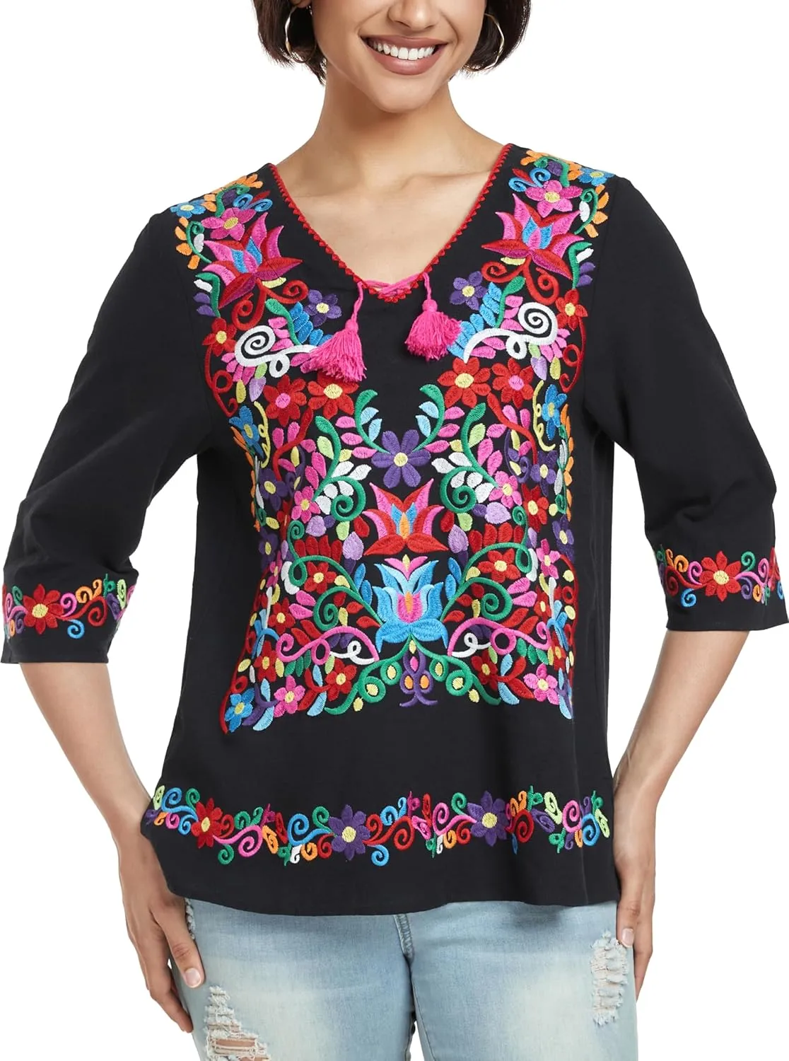 YZXDORWJ Women's Summer Embroidered Mexican Shirts Short Sleeve Casual Tops Blouse