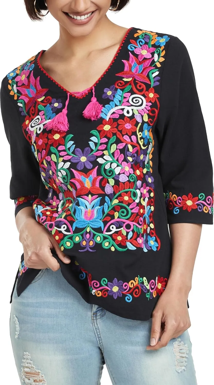 YZXDORWJ Women's Summer Embroidered Mexican Shirts Short Sleeve Casual Tops Blouse