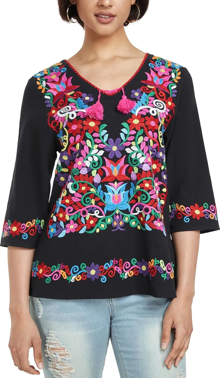 YZXDORWJ Women's Summer Embroidered Mexican Shirts Short Sleeve Casual Tops Blouse